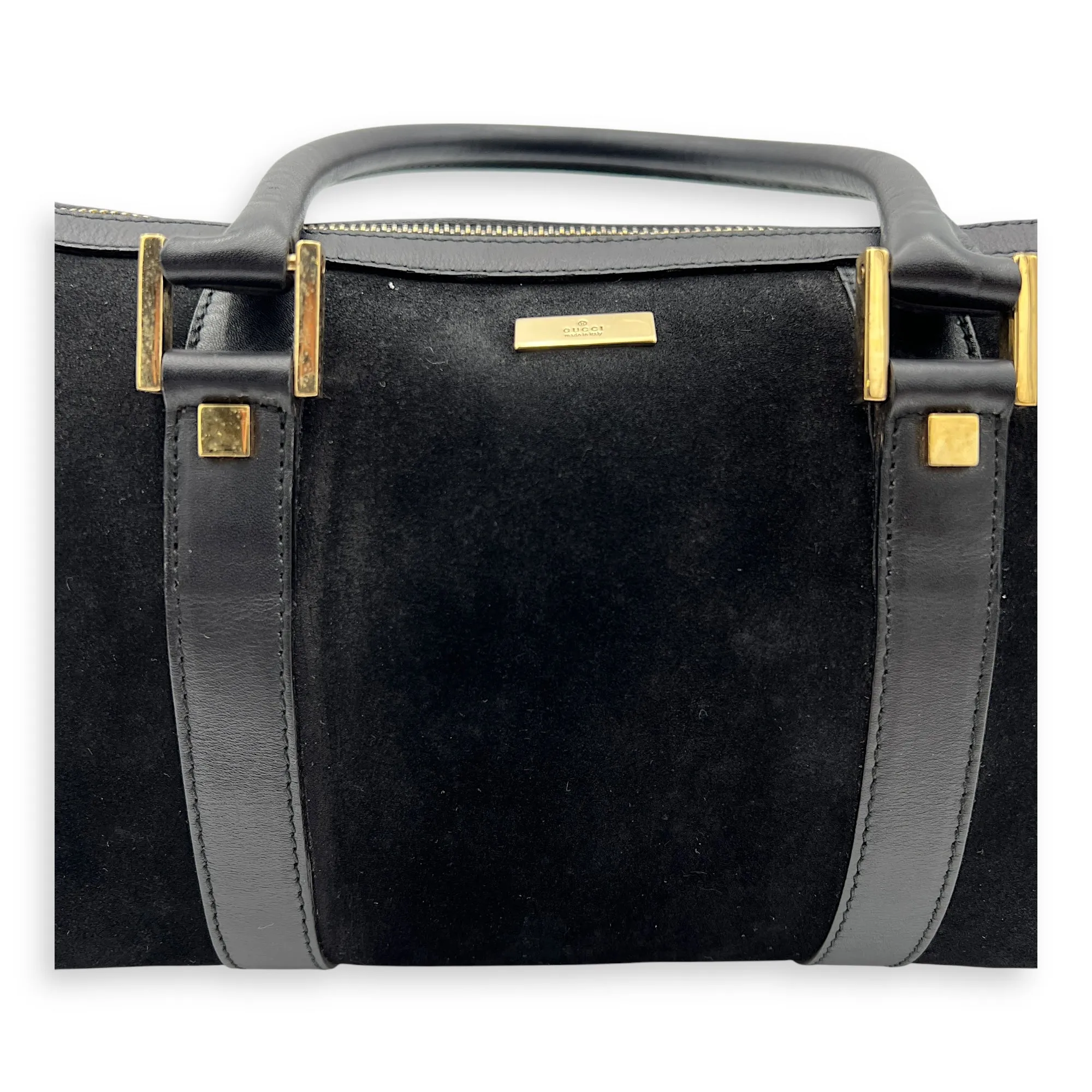 Boston Top Handle Bag Black in Suede Leather, Gold hardware