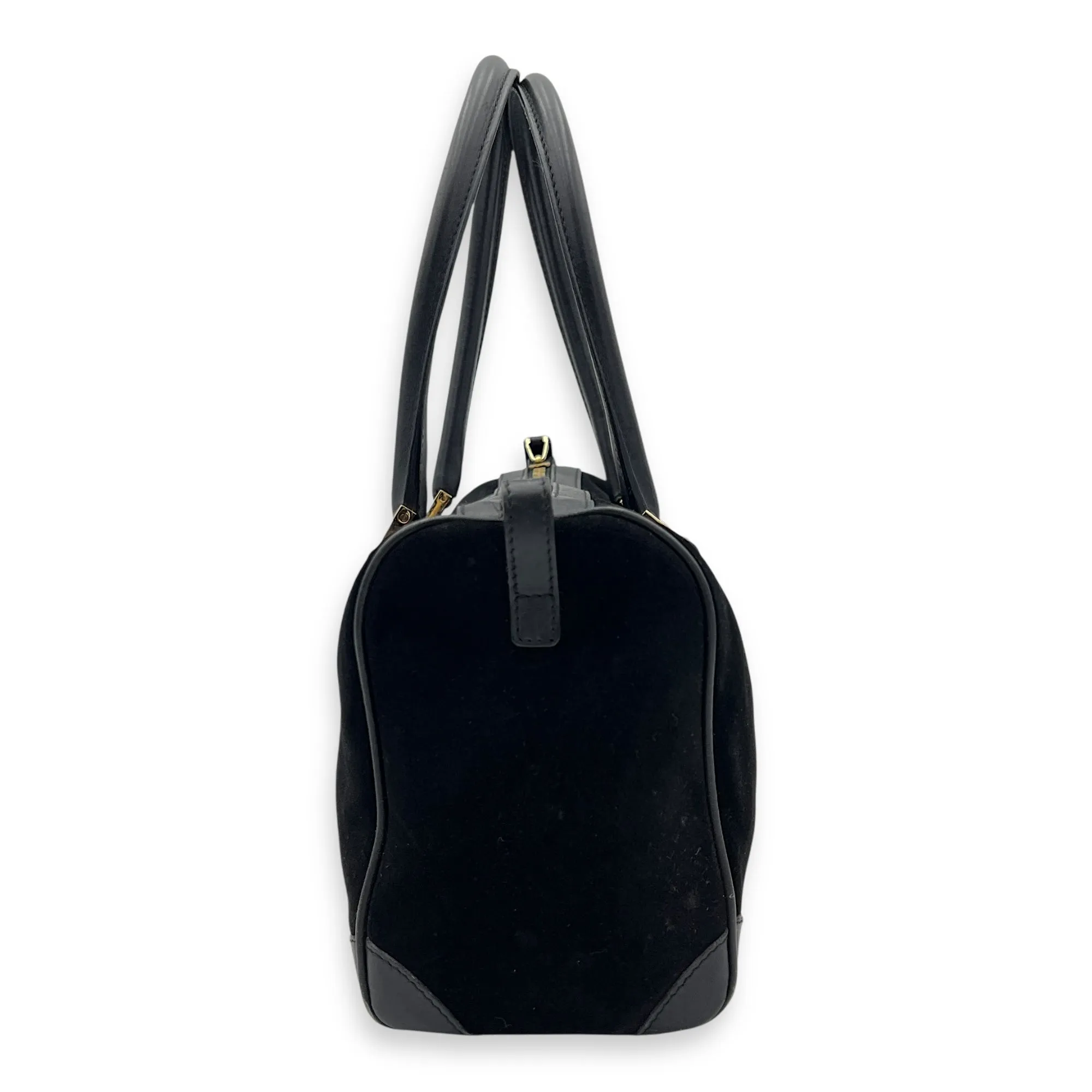 Boston Top Handle Bag Black in Suede Leather, Gold hardware