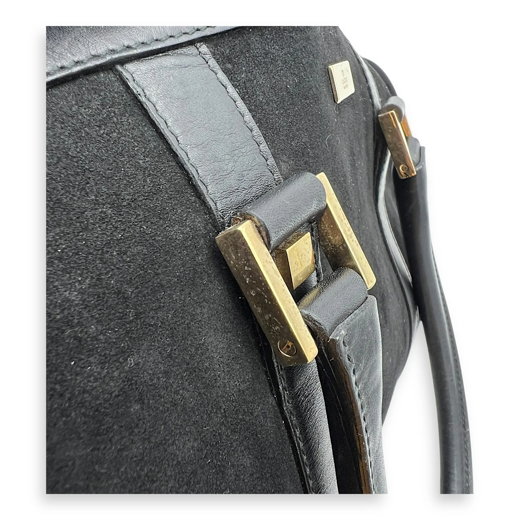 Boston Top Handle Bag Black in Suede Leather, Gold hardware