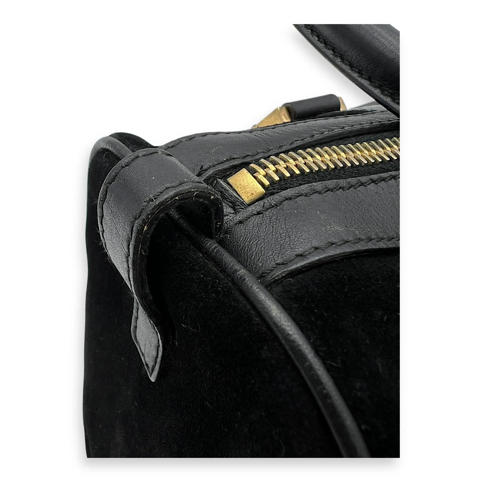 Boston Top Handle Bag Black in Suede Leather, Gold hardware