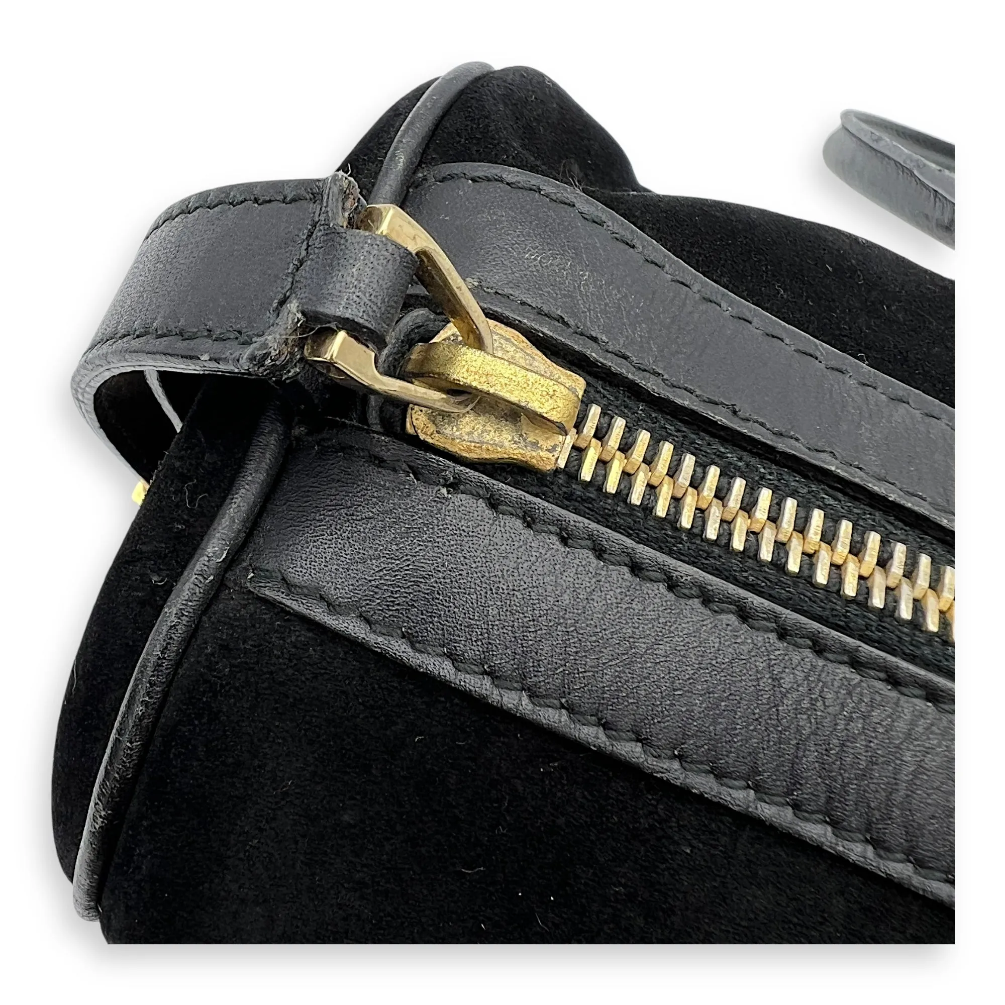 Boston Top Handle Bag Black in Suede Leather, Gold hardware