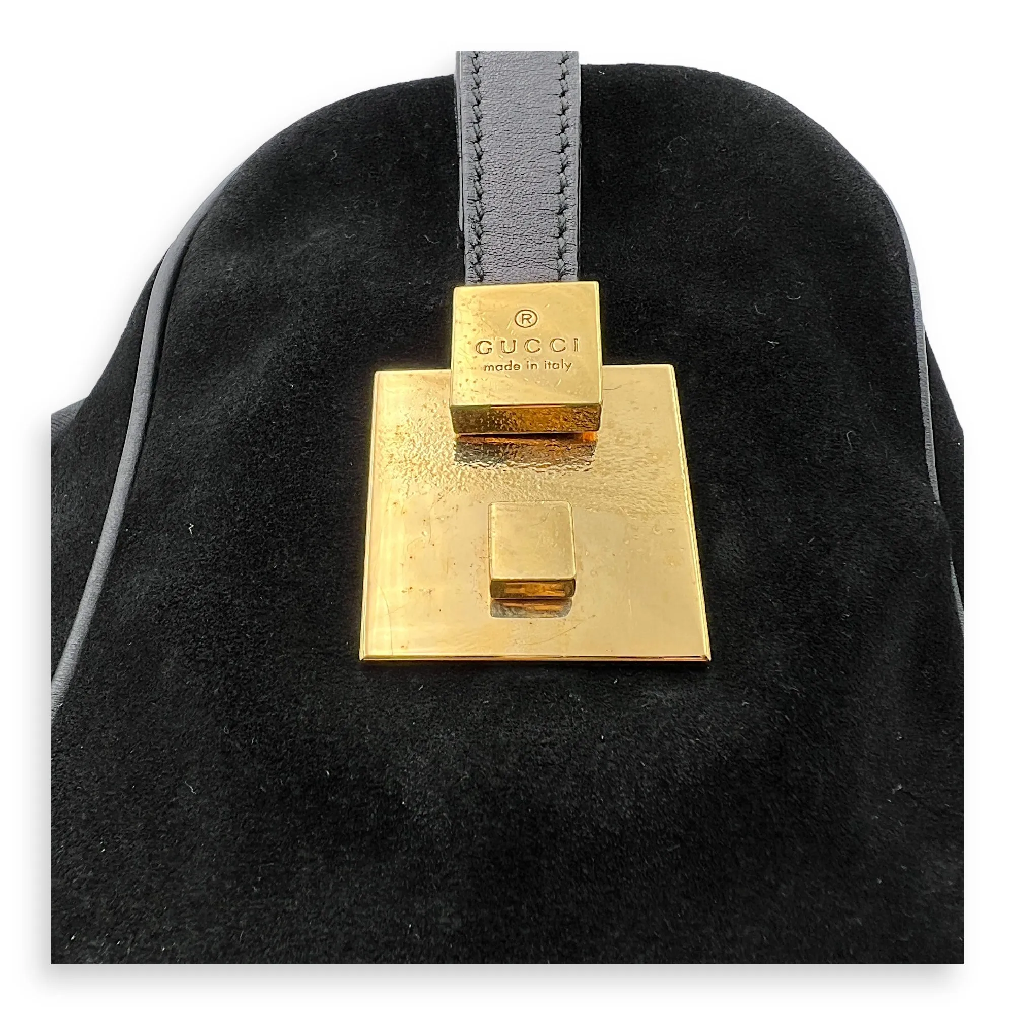 Boston Top Handle Bag Black in Suede Leather, Gold hardware