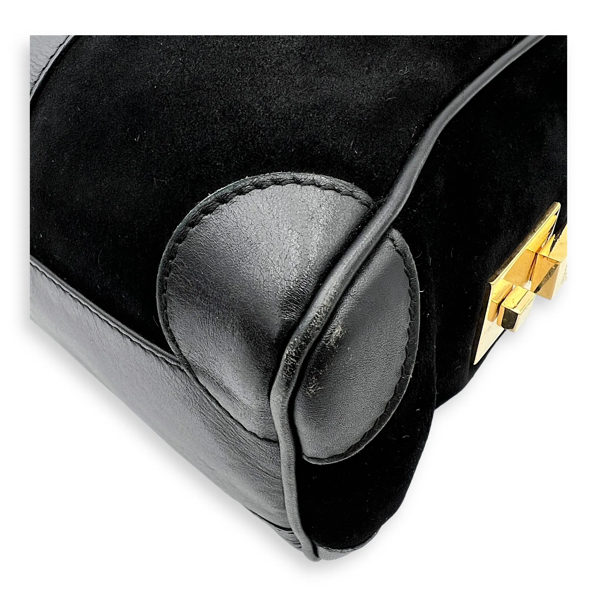 Boston Top Handle Bag Black in Suede Leather, Gold hardware