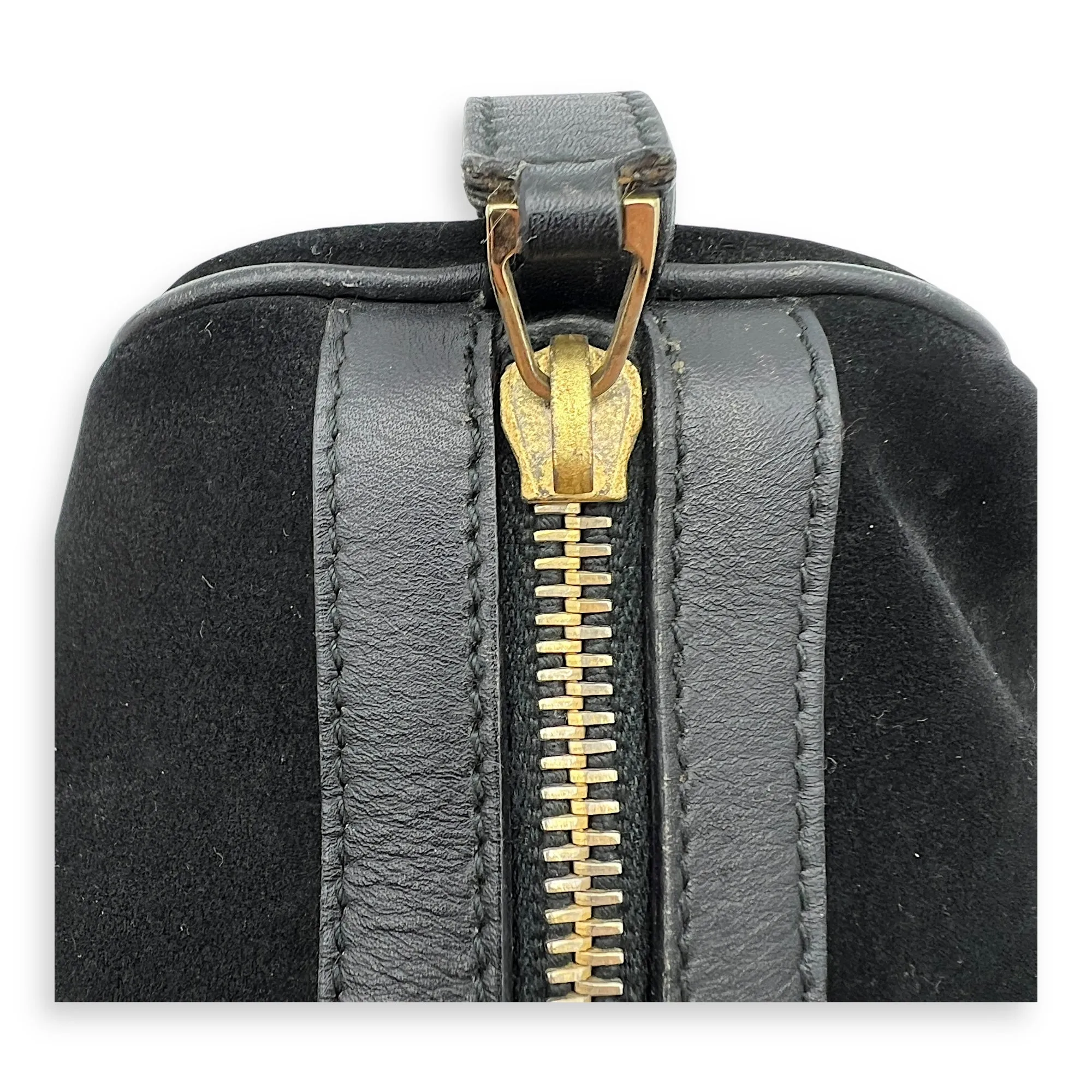 Boston Top Handle Bag Black in Suede Leather, Gold hardware