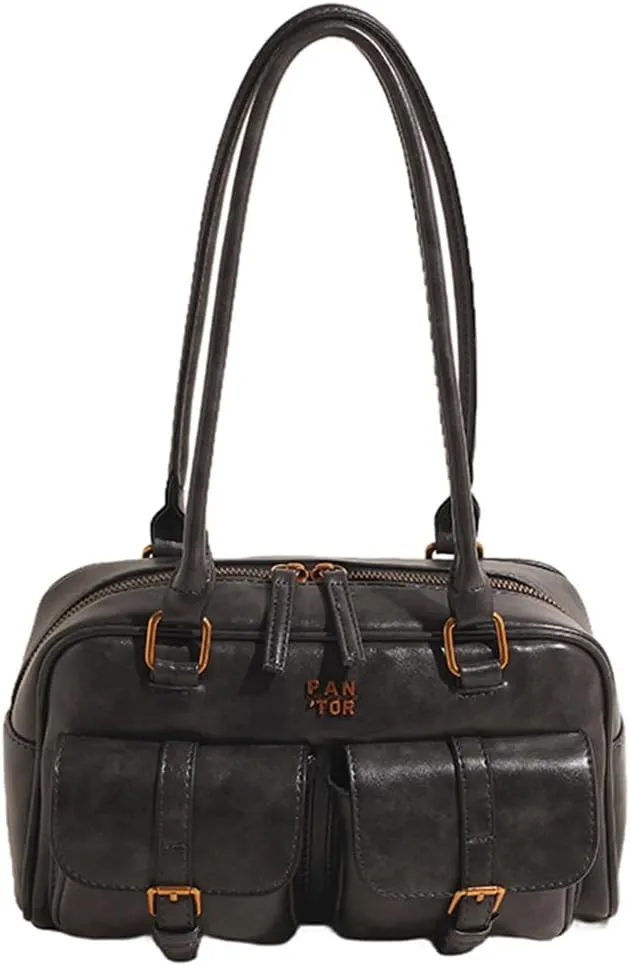 Boston Tote Bag for Women with Multi-Pockets Underarm Bag PU Leather Vintage Shoulder Bag Clutch Purse for Travel Wo