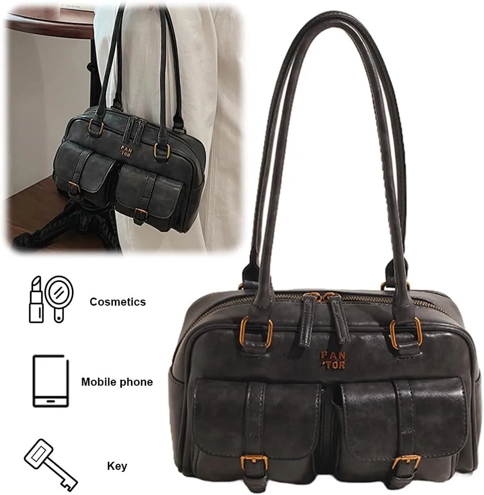 Boston Tote Bag for Women with Multi-Pockets Underarm Bag PU Leather Vintage Shoulder Bag Clutch Purse for Travel Wo