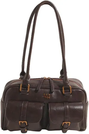 Boston Tote Bag for Women with Multi-Pockets Underarm Bag PU Leather Vintage Shoulder Bag Clutch Purse for Travel Wo