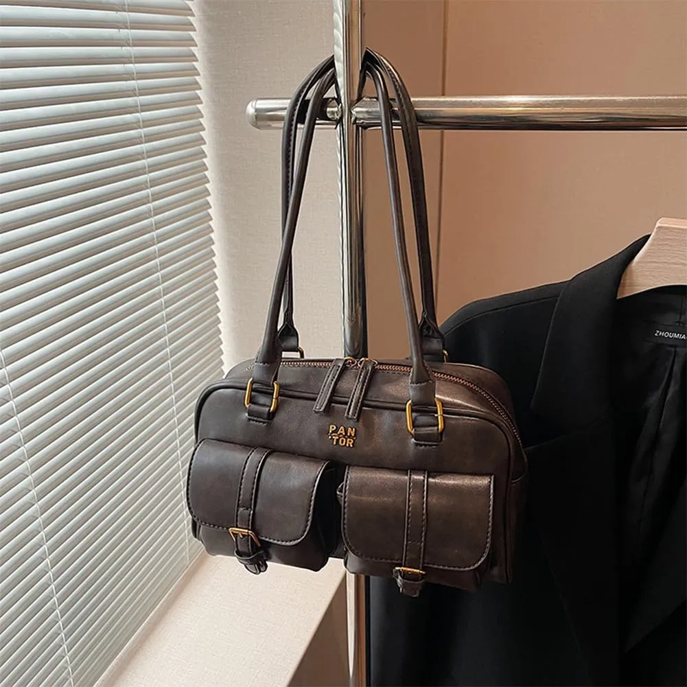 Boston Tote Bag for Women with Multi-Pockets Underarm Bag PU Leather Vintage Shoulder Bag Clutch Purse for Travel Wo
