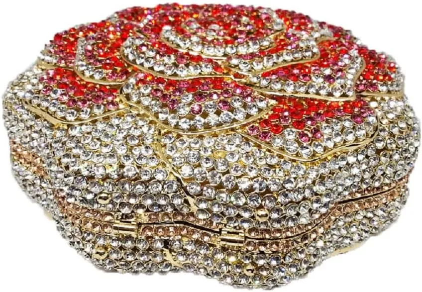 Boutique De FGG Rose Crystal Clutch Purse Women Flower Evening Bag Wedding Party Prom Bridal Rhinestone Floral Handbag,Mini