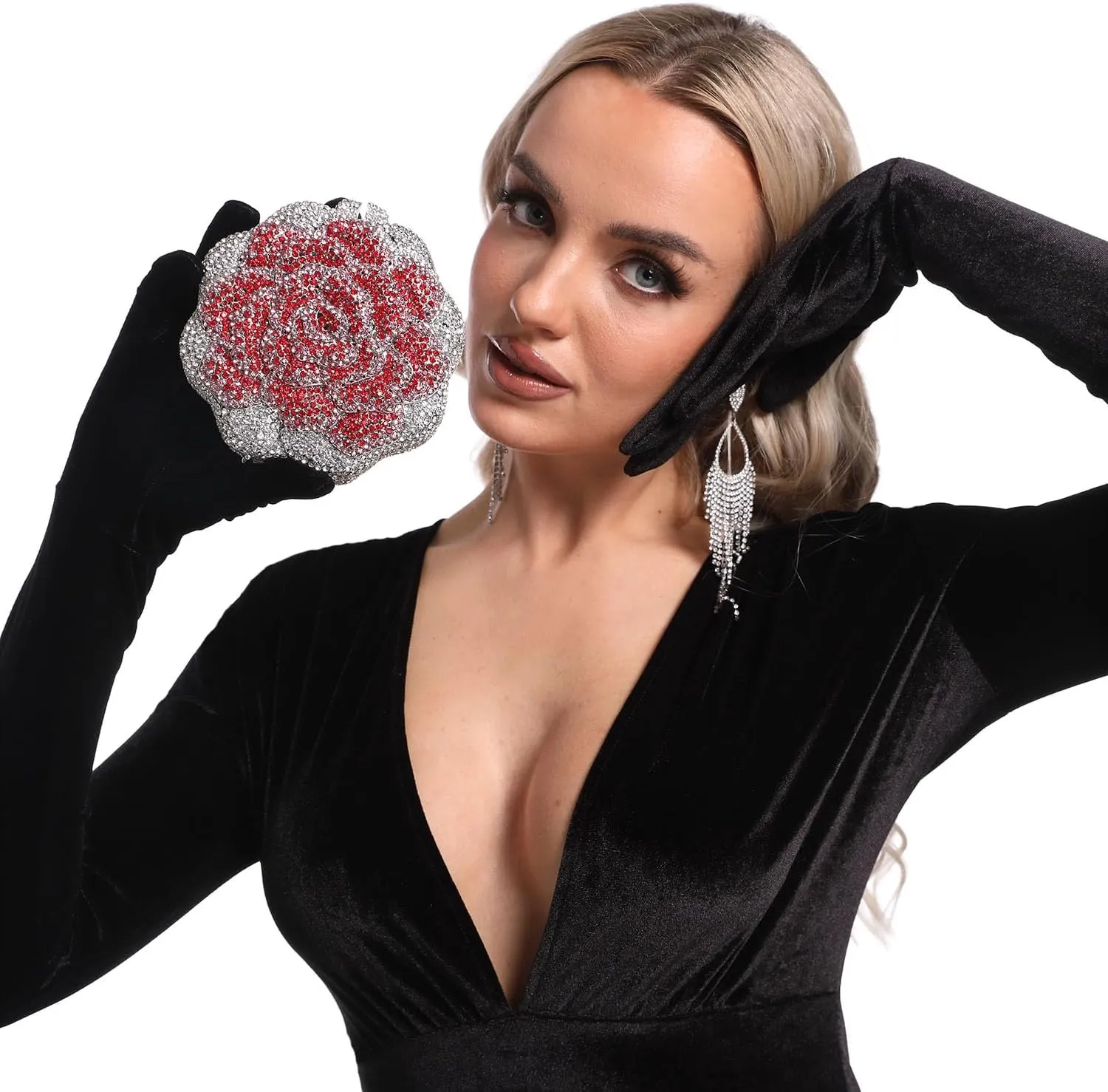 Boutique De FGG Rose Crystal Clutch Purse Women Flower Evening Bag Wedding Party Prom Bridal Rhinestone Floral Handbag,Mini
