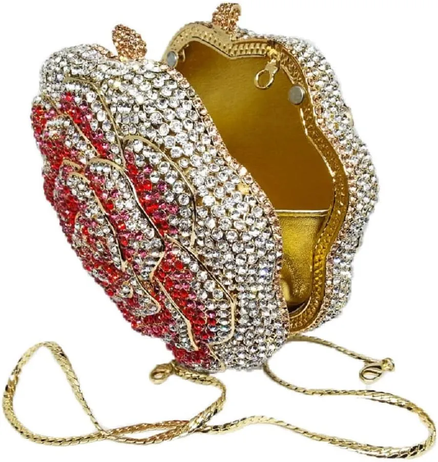Boutique De FGG Rose Crystal Clutch Purse Women Flower Evening Bag Wedding Party Prom Bridal Rhinestone Floral Handbag,Mini