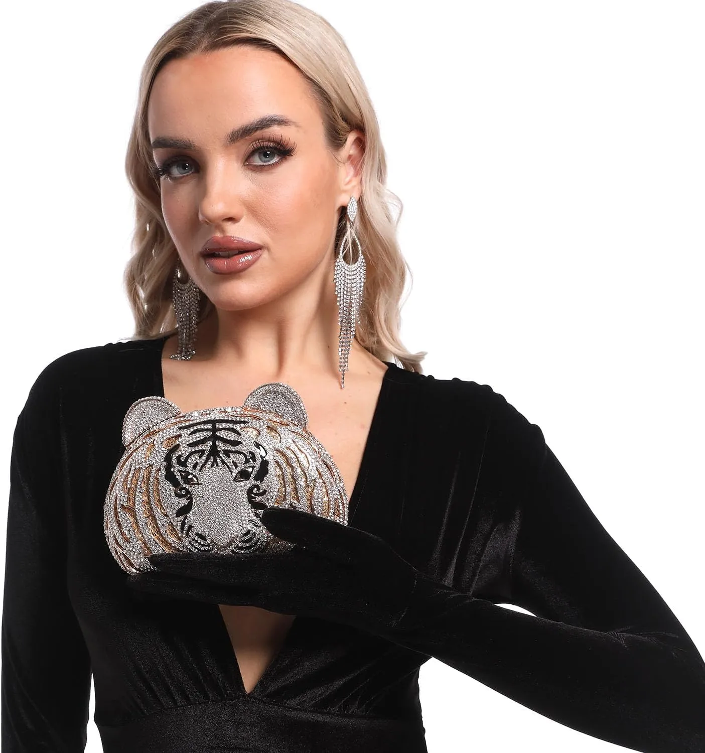 Boutique De FGG Tiger Clutch Purse for Women Animal Crystal Evening Bag Formal Party Rhinestone Handbag Prom Clutch Bag,Mini