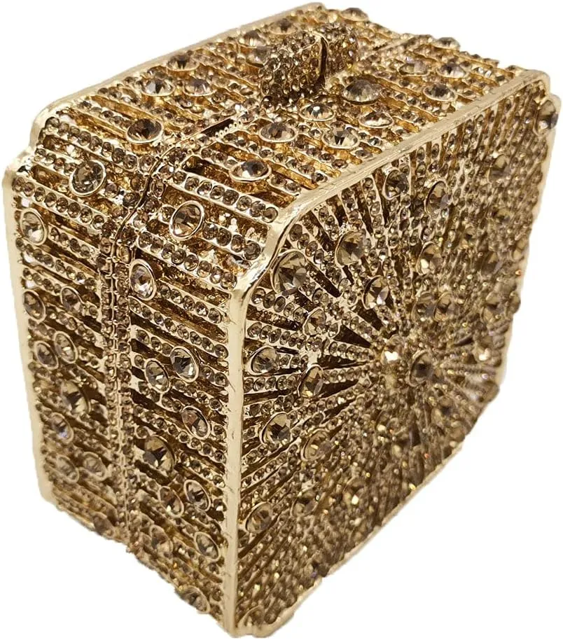 Boutique De FGG Women Metal Box Crystal Clutch Purse Evening Bag Wedding Bridal Rhinestone Handbags Party Clutch Bag,Mini