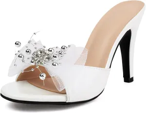 Bow Heeled Mules for Women Spike Heel Crystal String Bead Sandal Embellished Mesh Slide Slippers White Open Toe High Heels Sandal Size 4