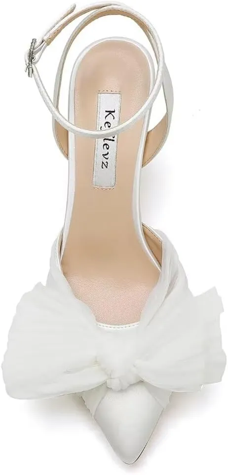 Bow Knot Wedding Shoes for Bride Pointed Toe Wedding Heels Ankle Strap Bridal Shoes