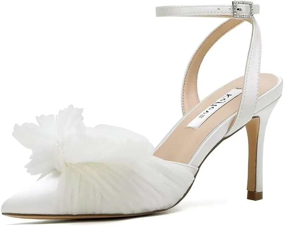 Bow Knot Wedding Shoes for Bride Pointed Toe Wedding Heels Ankle Strap Bridal Shoes