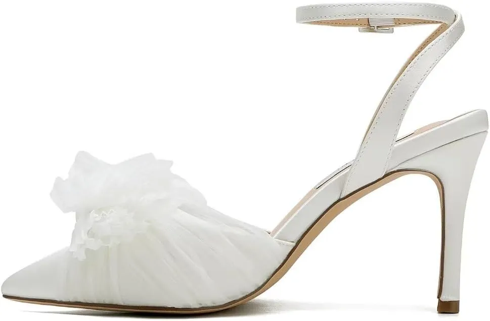 Bow Knot Wedding Shoes for Bride Pointed Toe Wedding Heels Ankle Strap Bridal Shoes