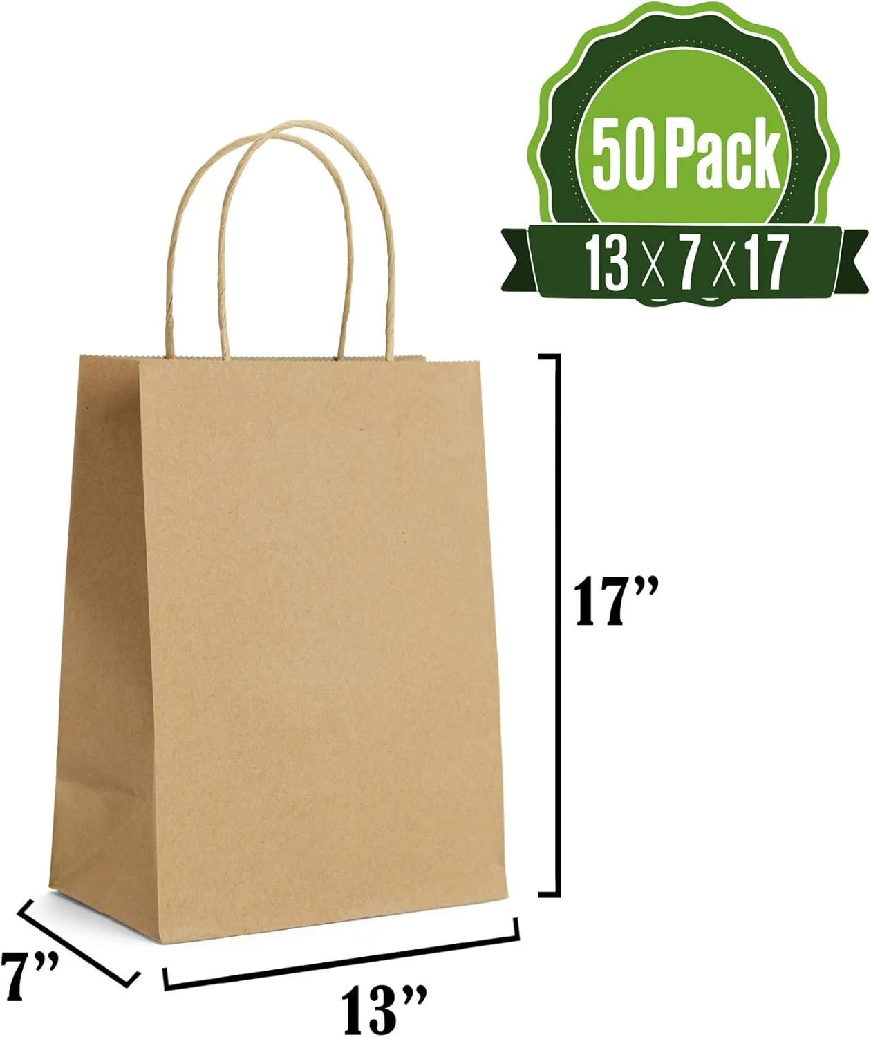 Brown Paper Bags with Handles Bulks 13 X 7 X 17 [50 Bags]. Ideal for Shopping, Packaging, Retail, Party, Craft, Gifts, Wedding, Recycled, Business, Goody and Merchandise Kraft Bag