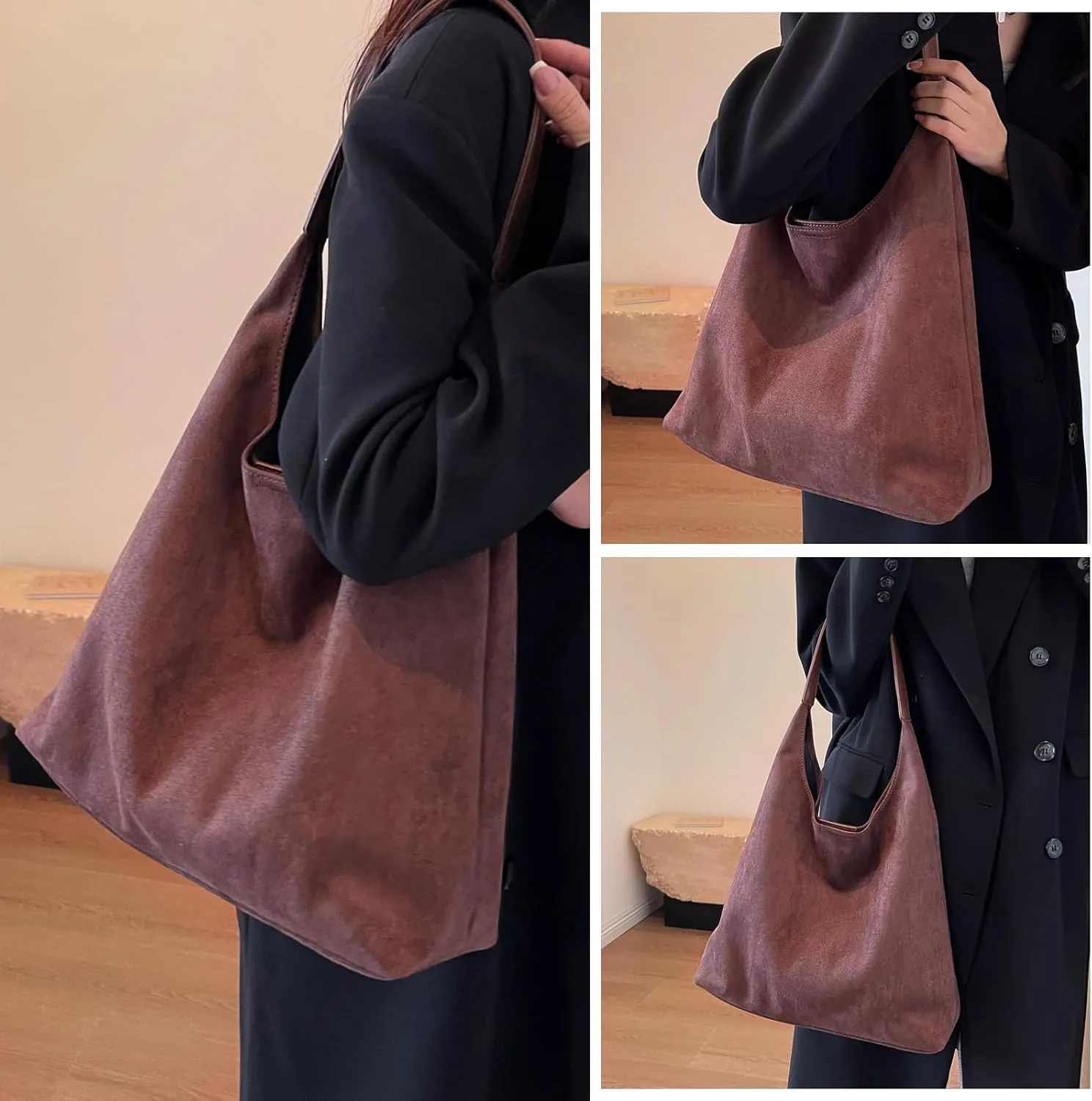 Brown Suede Bags for Women 2025 Suede Tote Bag Retro Suede Slouchy Bag Brown Suede Women's Shoulder Bag