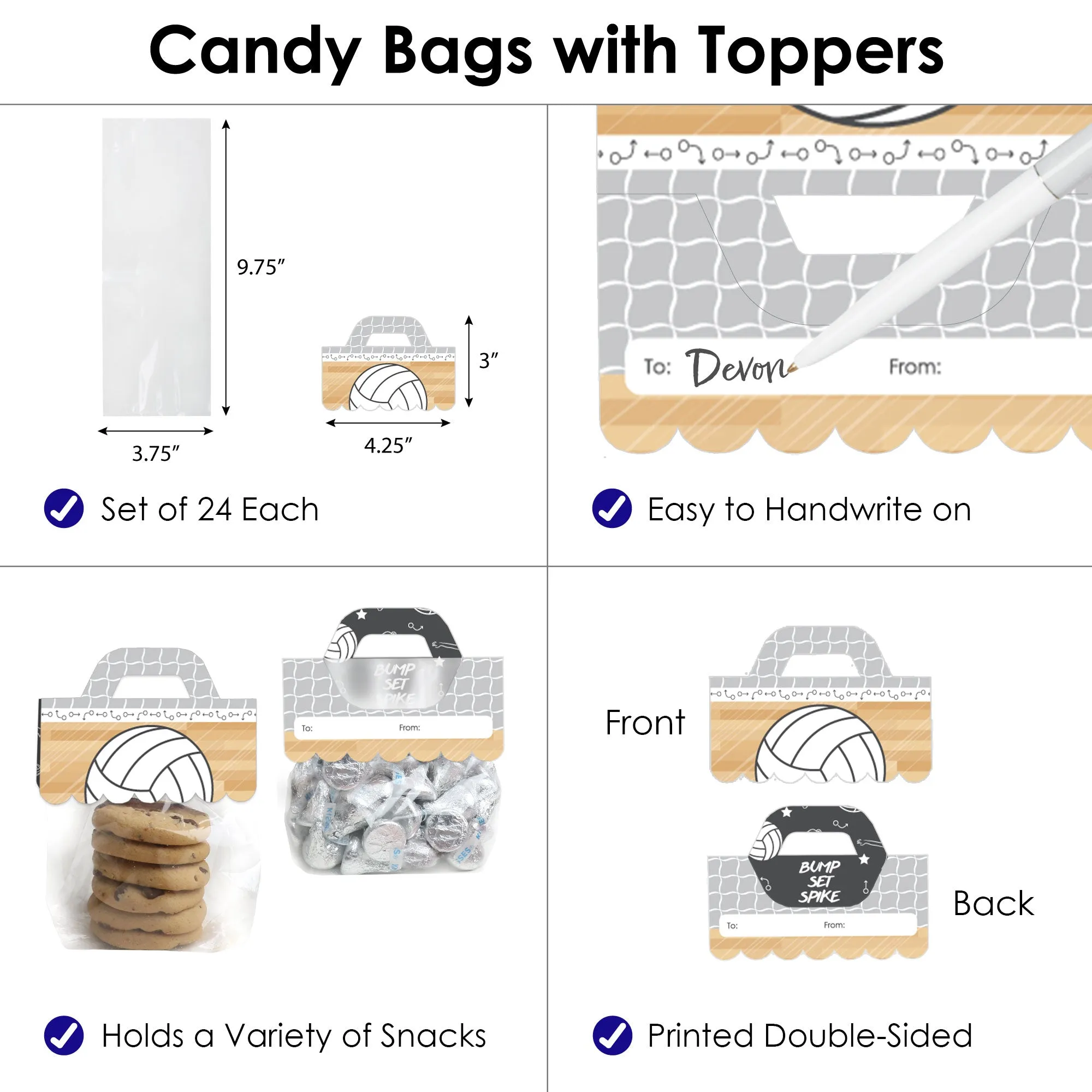 Bump, Set, Spike - Volleyball - DIY Baby Shower or Birthday Party Clear Goodie Favor Bag Labels - Candy Bags with Toppers - Set of 24