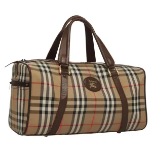 Burberrys Nova Check Boston Bag Canvas Beige Gold Auth MY435