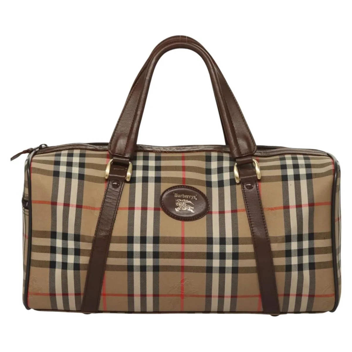 Burberrys Nova Check Boston Bag Canvas Beige Gold Auth MY435