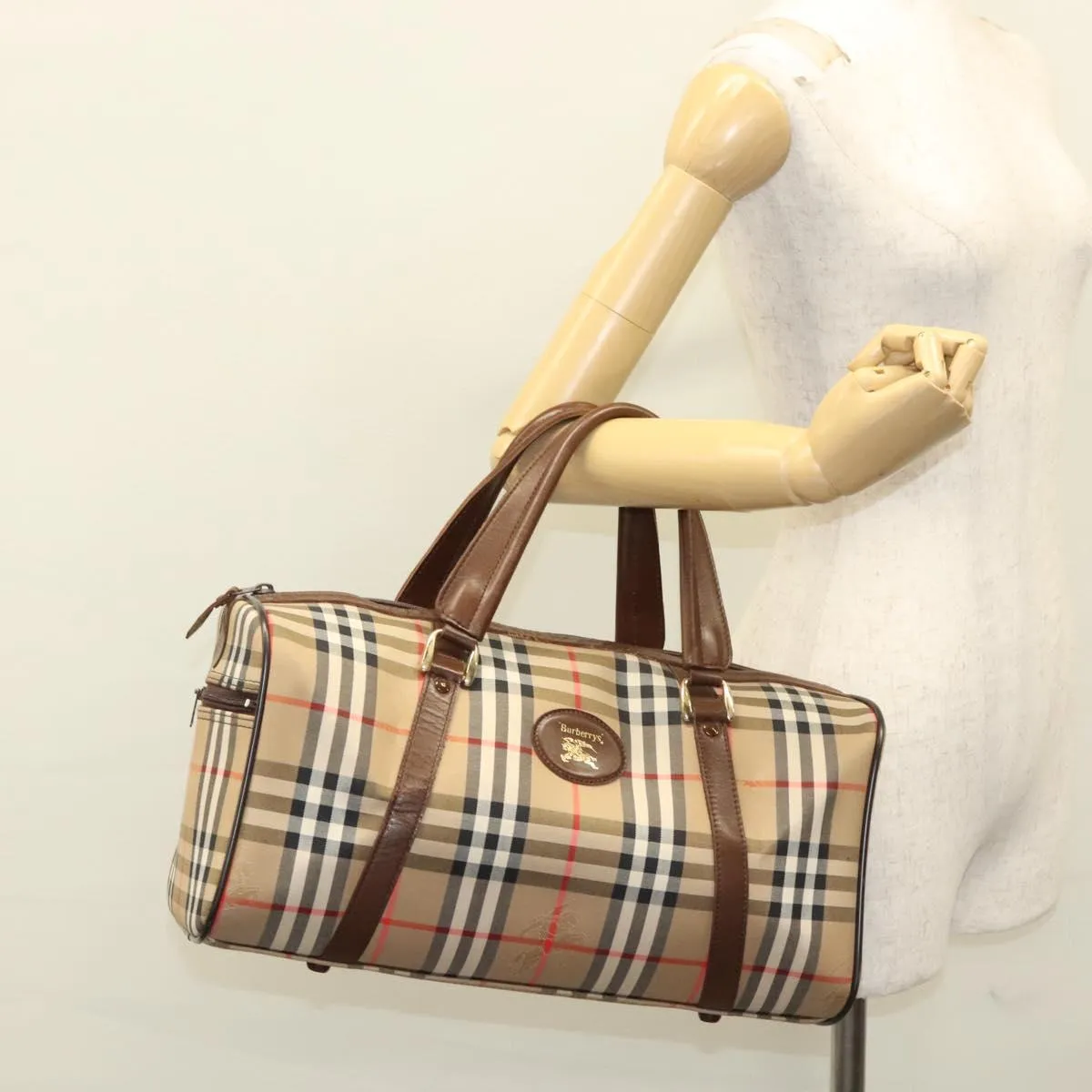 Burberrys Nova Check Boston Bag Canvas Beige Gold Auth MY435