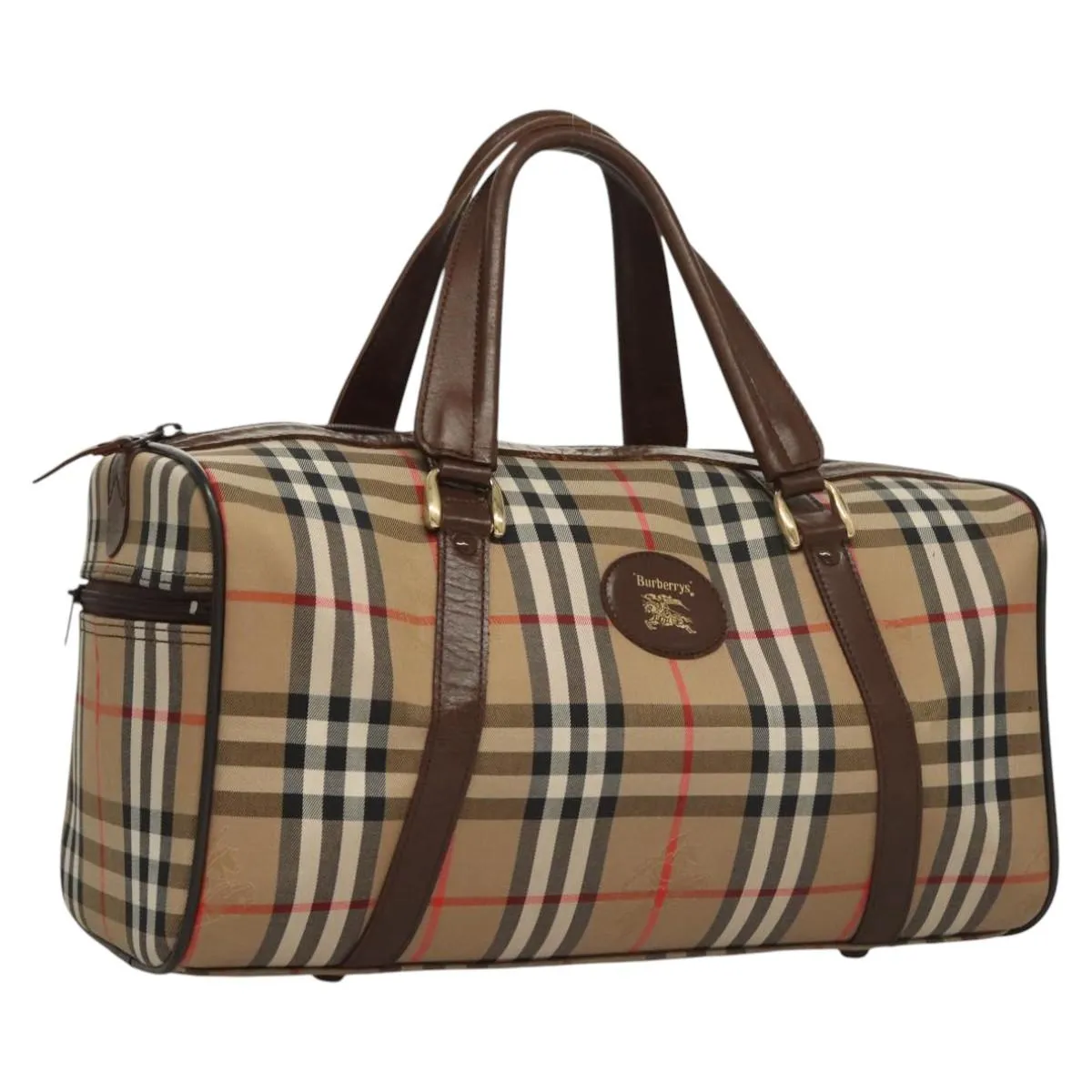 Burberrys Nova Check Boston Bag Canvas Beige Gold Auth MY435