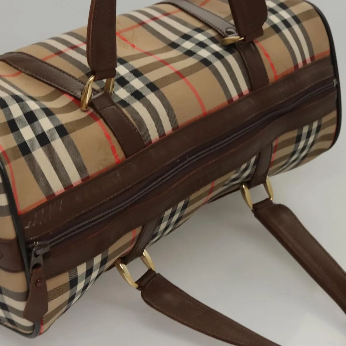Burberrys Nova Check Boston Bag Canvas Beige Gold Auth MY435