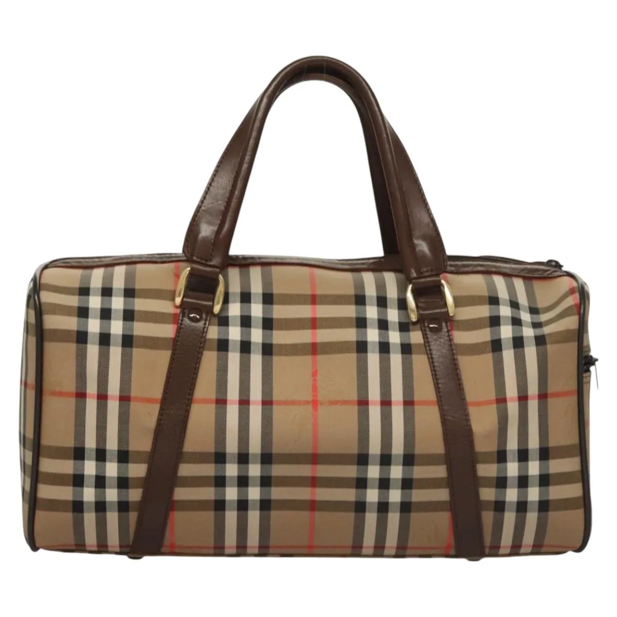 Burberrys Nova Check Boston Bag Canvas Beige Gold Auth MY435