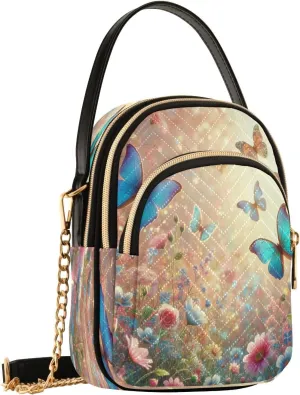 Butterflies Peach Blue Crossbody Bags for Women Shouler Handbags Travel Sling Bag Fanny Pack Phone Wallet Mini Purse