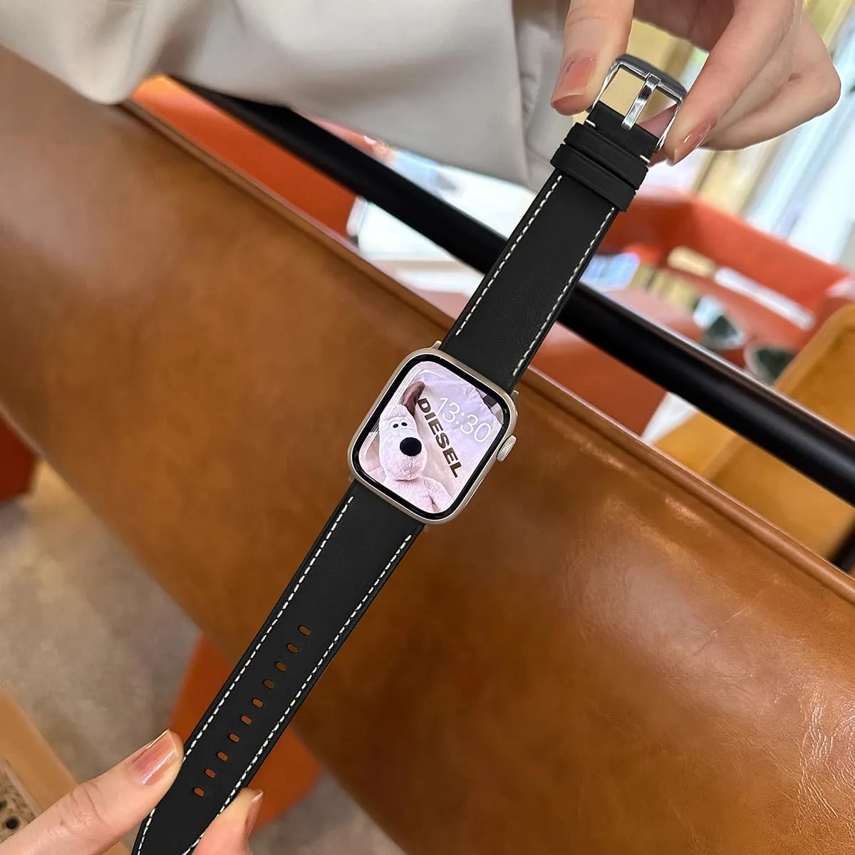 Calf Leather Band Compatible with Apple Watch Bands Series 10 9 8 7 6 5 4 3 2 1 Ultra SE for iWatch 49mm 46mm 45mm 44mm 42mm 41mm 40mm 38mm Top Genuine Calfskin Wristband Replacement Strap