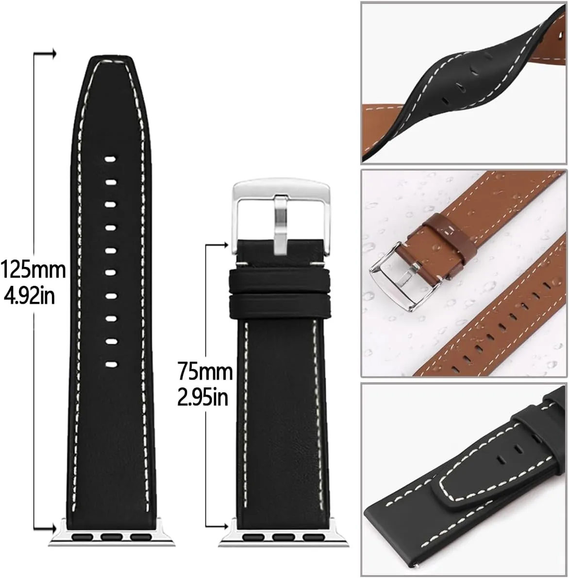 Calf Leather Band Compatible with Apple Watch Bands Series 10 9 8 7 6 5 4 3 2 1 Ultra SE for iWatch 49mm 46mm 45mm 44mm 42mm 41mm 40mm 38mm Top Genuine Calfskin Wristband Replacement Strap