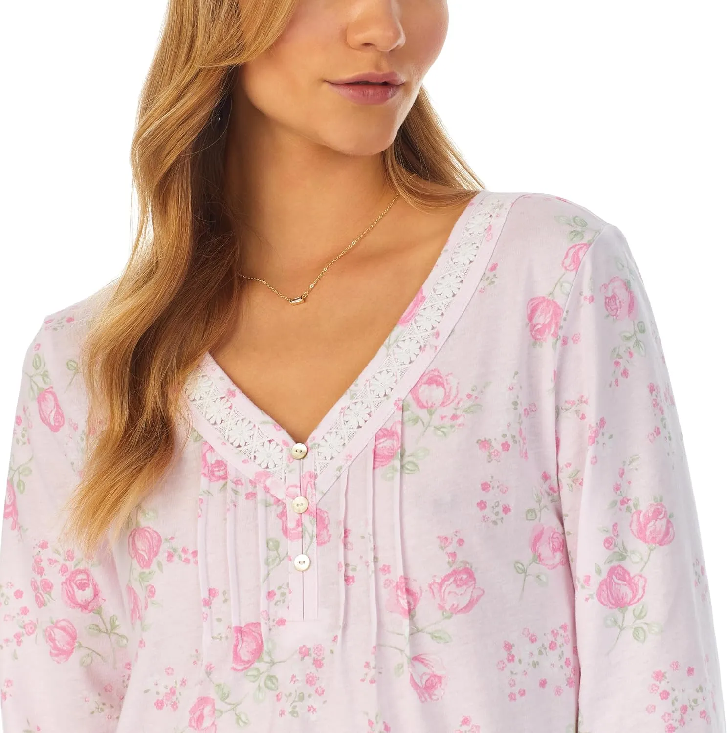 Carole Hochman Women's Cotton Jersey 3/4 Sleeve Nightgown – V-Neck, Floral Lace, Akoya Buttons, Pintucks, 36'' Length