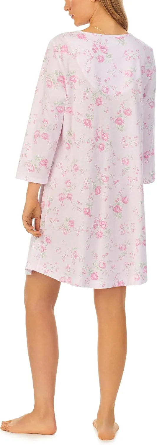 Carole Hochman Women's Cotton Jersey 3/4 Sleeve Nightgown – V-Neck, Floral Lace, Akoya Buttons, Pintucks, 36'' Length