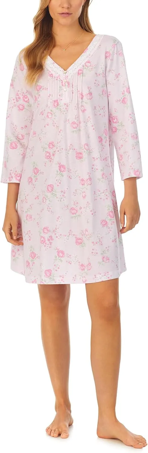 Carole Hochman Women's Cotton Jersey 3/4 Sleeve Nightgown – V-Neck, Floral Lace, Akoya Buttons, Pintucks, 36'' Length
