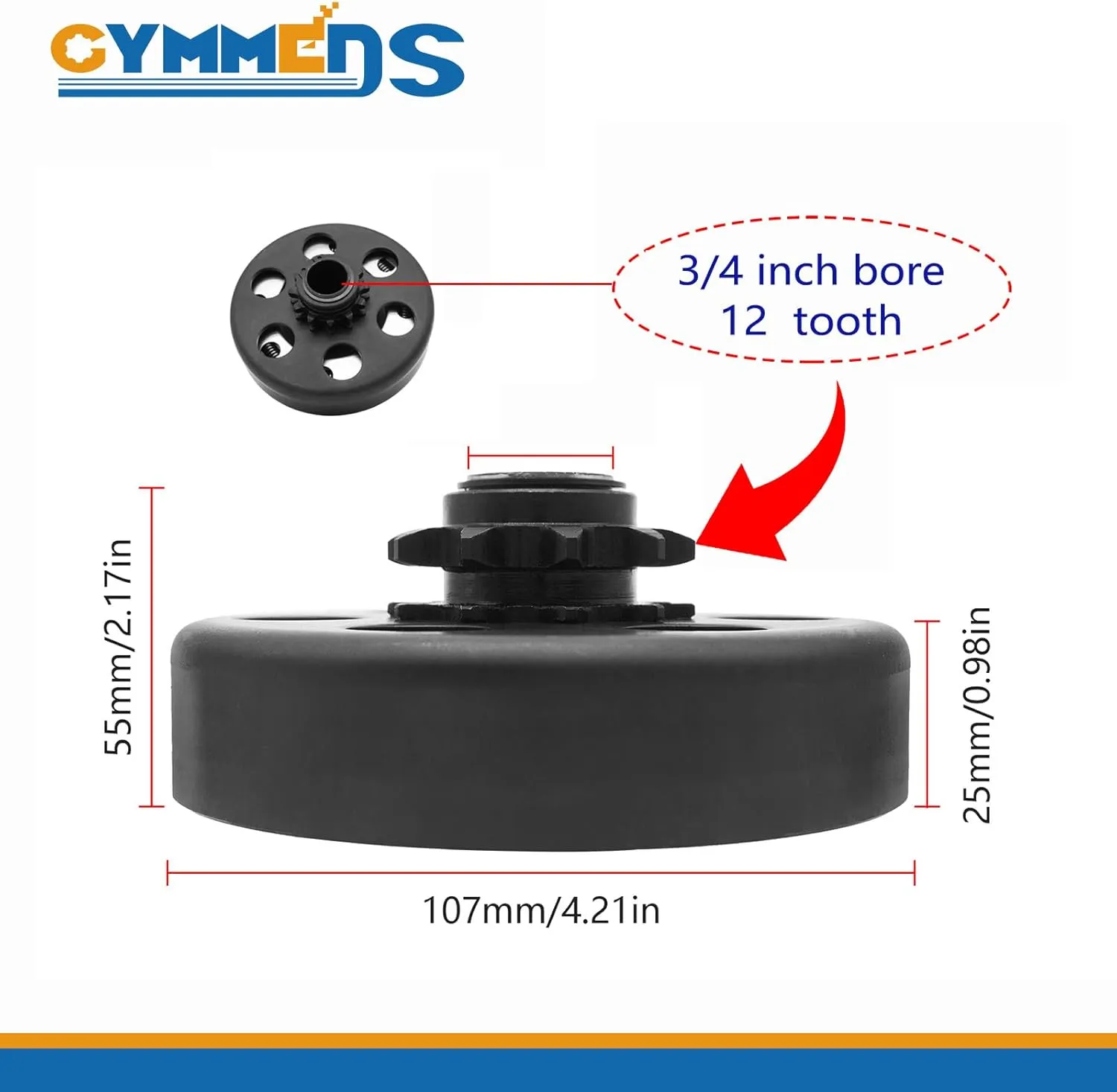 Centrifugal Clutch 3/4" Bore 12 Tooth for #35 Chain, Fit for 3/4" Bore Pedator 212cc, Honda GC GX and Most 2-6.5HP Small Engines performance Parts, MiniBike, Go Kart, Included Bolt and Washer Kit.