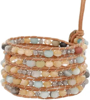 Chan Luu Matte Multi Color Mineral Stone Beaded Light Brown Leather Silvertone Wrap Bracelet