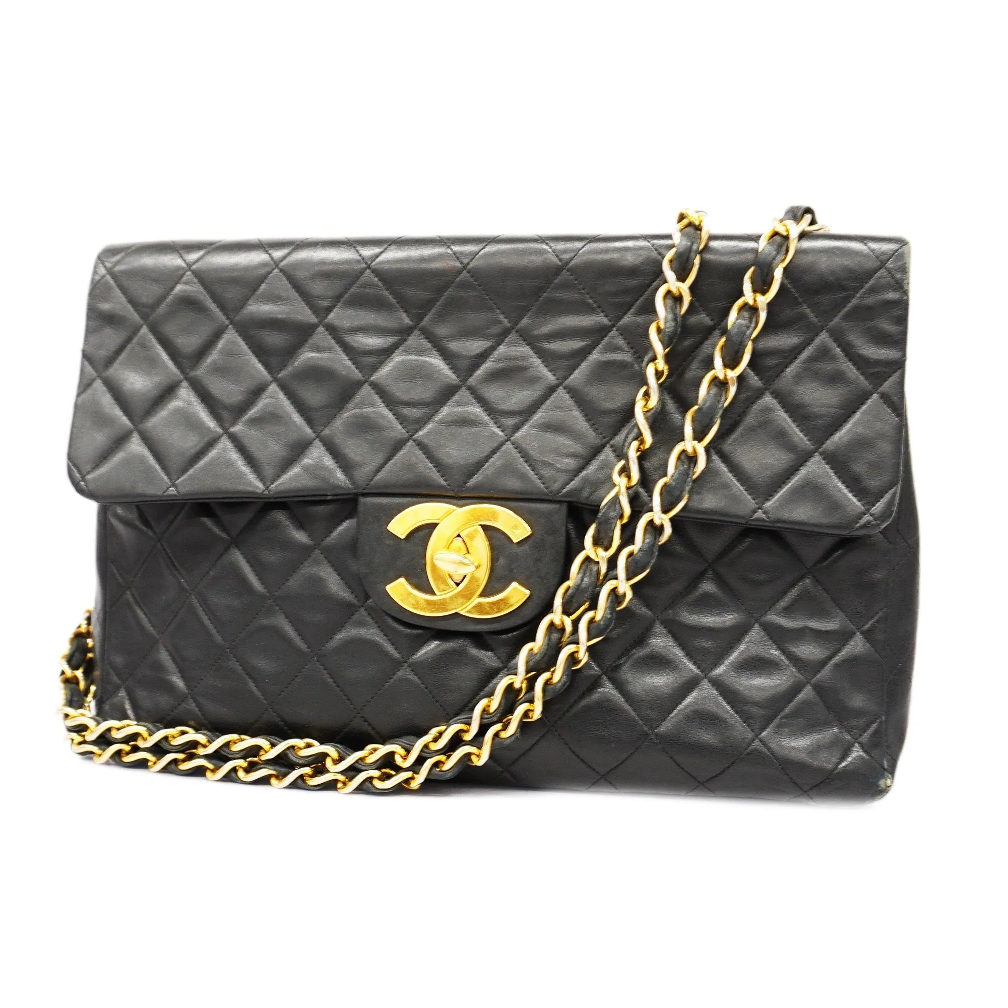 CHANEL  Big Matelasse W Chain Women's Leather Shoulder Bag Black