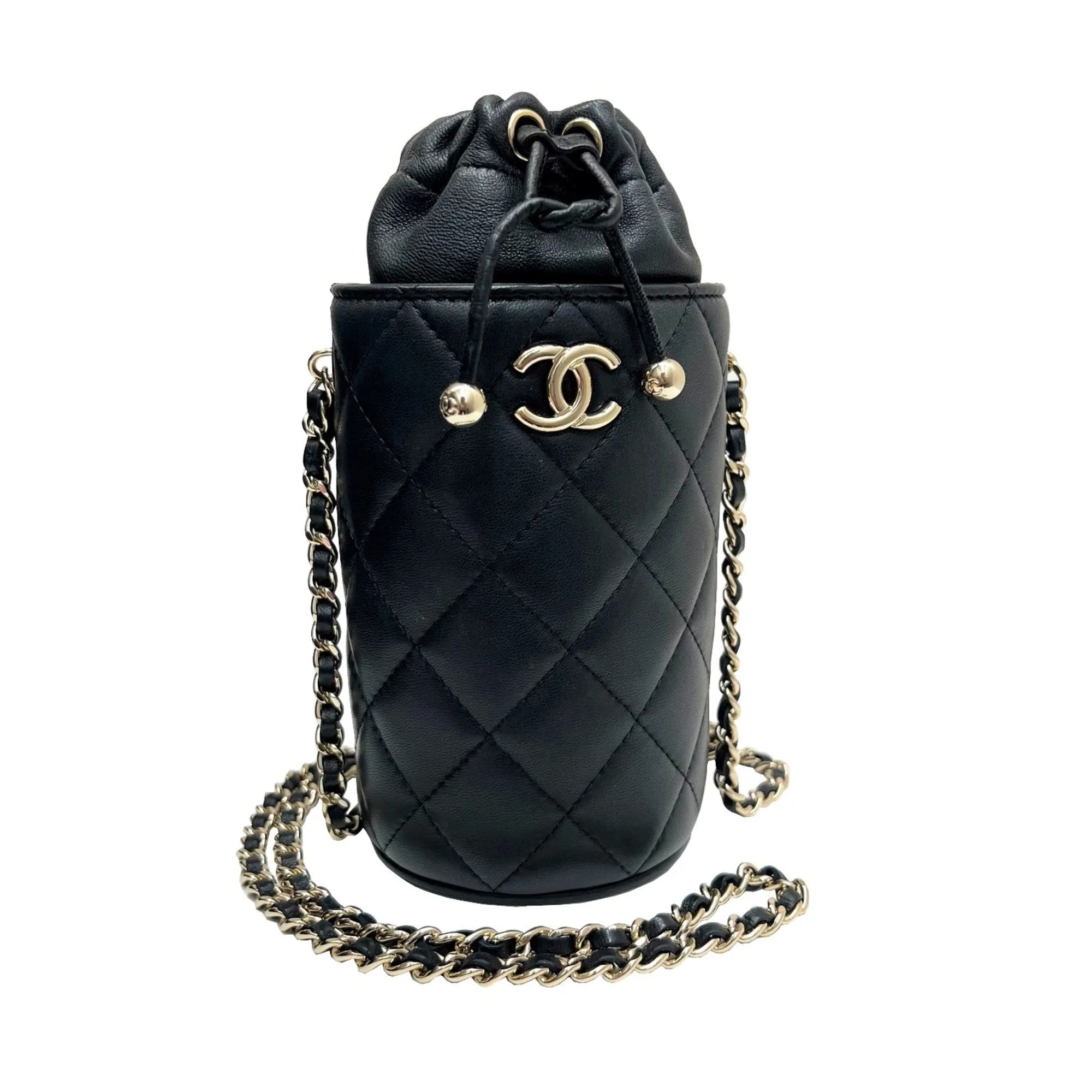 CHANEL Bucket Shoulder Bag Chain Lambskin Black Gold 3 Ladies