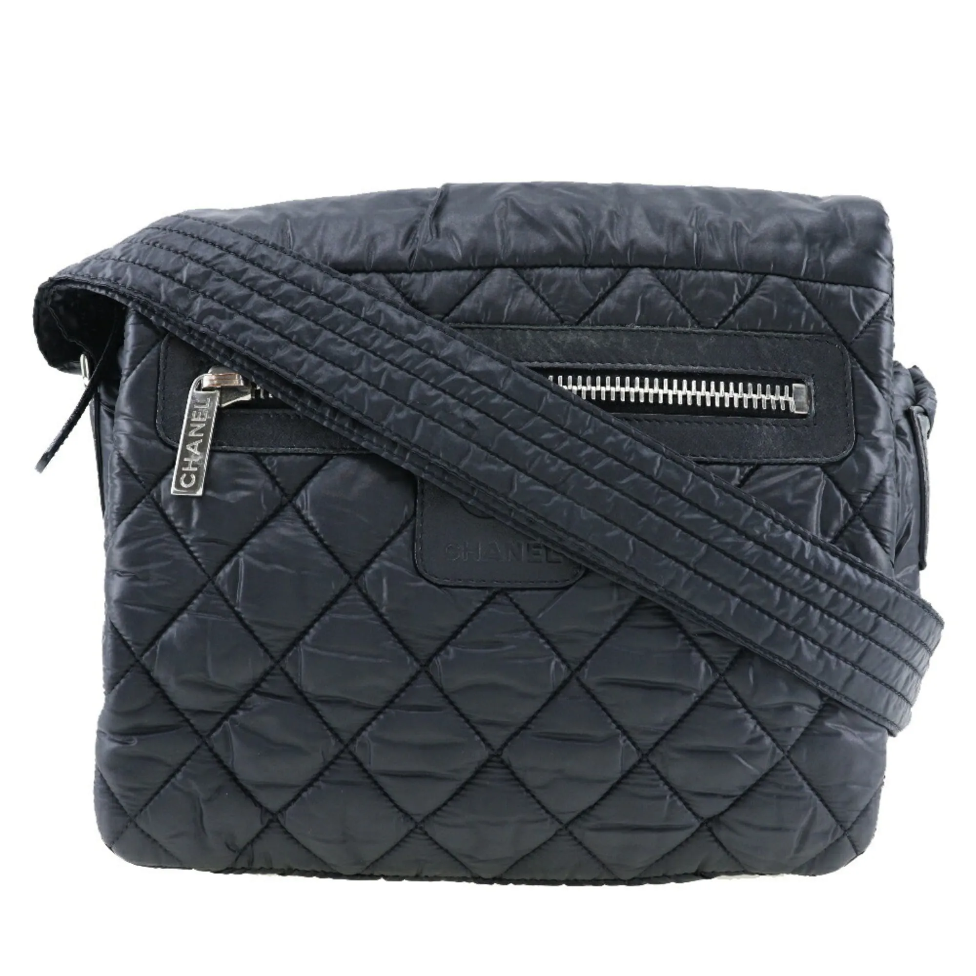 CHANEL Chocolate Bar Shoulder Bag Cococoon Nylon x Leather Made in France Black Crossbody Zipper bar Ladies