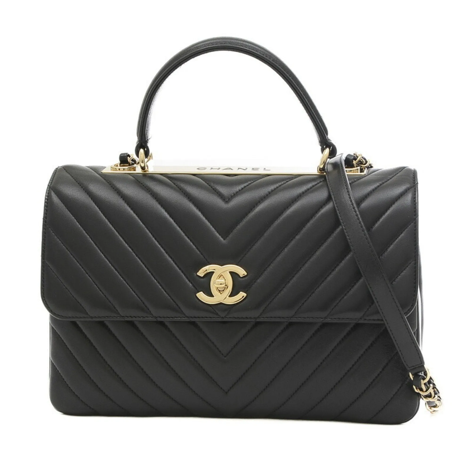 CHANEL Top Handle 2Way Chain Shoulder V Stitch Lambskin Black A69923