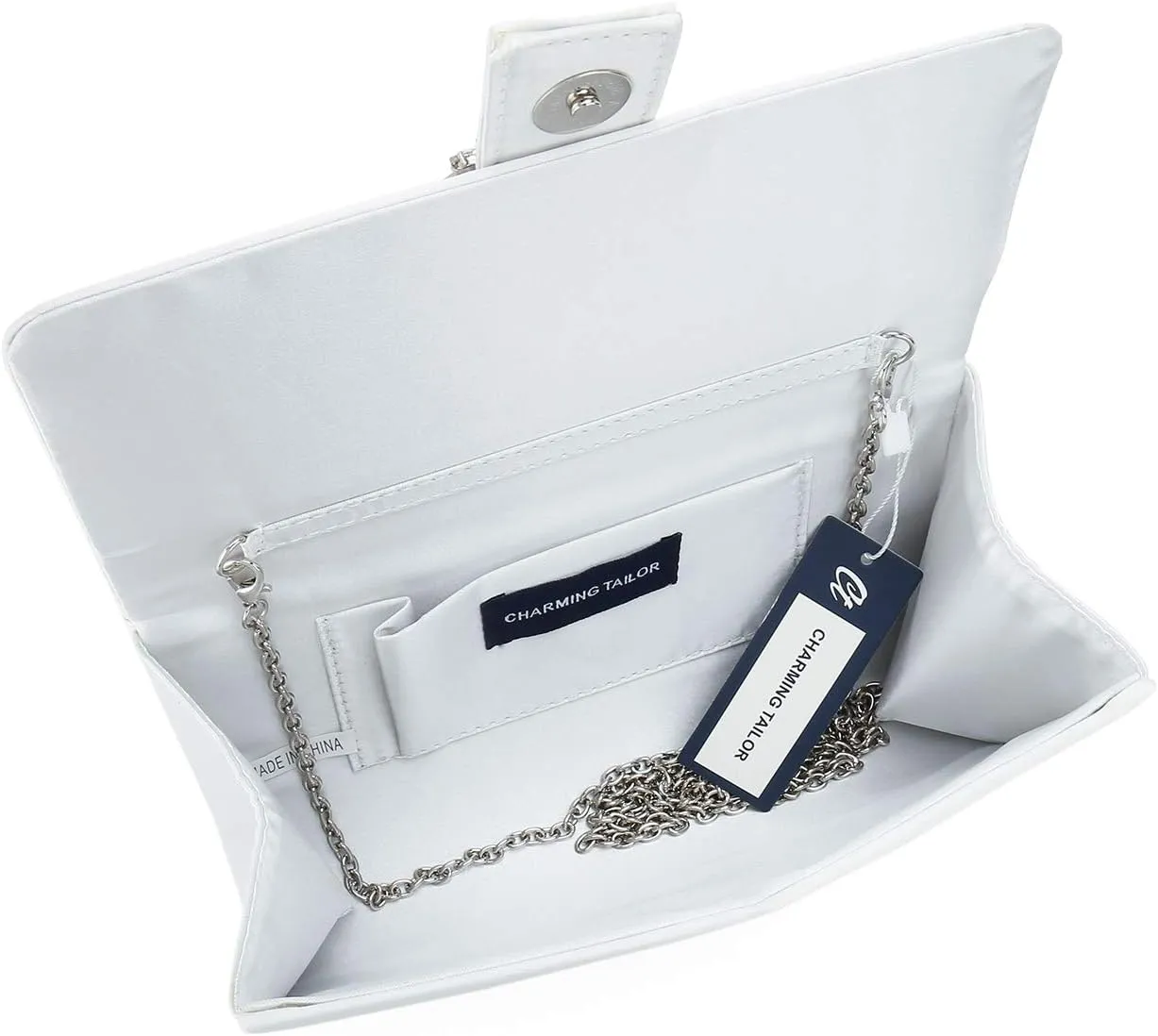 CHARMING TAILOR Evening Bag Diamantes Embellished Satin Clutch Purse for Woman Classy Party Handbag with Beaded Brooch