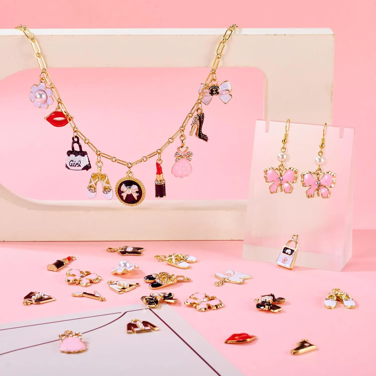 Cheriswelry 40Pcs Enamel Fashion Women Makeup Charms Lipstick Hat Bag High Heels Alloy Pendants for DIY Earring Necklace Bracelet Jewelry Making