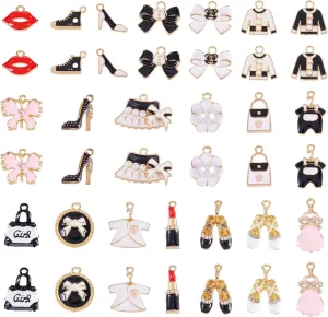Cheriswelry 40Pcs Enamel Fashion Women Makeup Charms Lipstick Hat Bag High Heels Alloy Pendants for DIY Earring Necklace Bracelet Jewelry Making