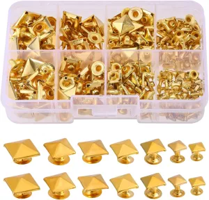 CHGCRAFT 168 Pcs 7 Sizes Square Pyramid Rivet Studs Alloy Spike Rivet Pyramid Rivet Studs Kit Metal Screw Rivets with Spike Shape for Leather Bag Belt Purse Crossbody Craft, Golden