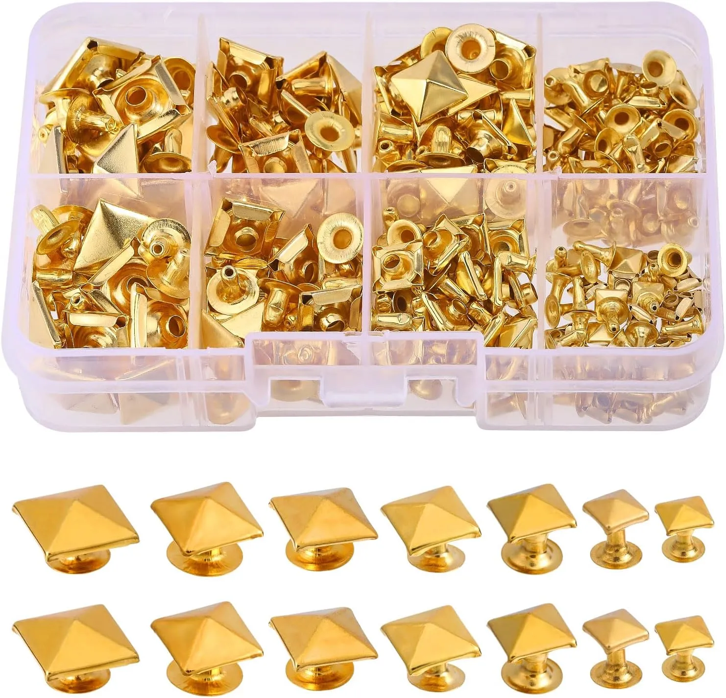 CHGCRAFT 168 Pcs 7 Sizes Square Pyramid Rivet Studs Alloy Spike Rivet Pyramid Rivet Studs Kit Metal Screw Rivets with Spike Shape for Leather Bag Belt Purse Crossbody Craft, Golden