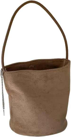 Chic Women's Bucket Bag, Cylindrical Design, Vintage Commuter Faux Suede, Chain Accent, Waterproof Base