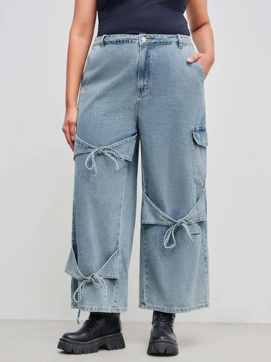CIDER Baggy Jeans for Women High Waisted Wide Straight Leg Bow Jeans Denim Pants