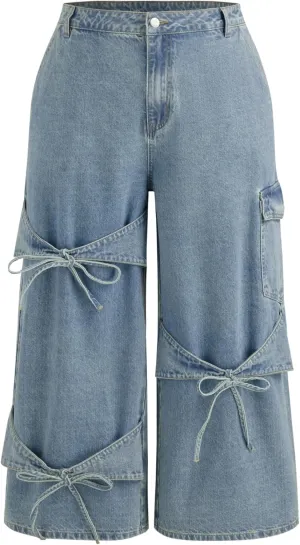 CIDER Baggy Jeans for Women High Waisted Wide Straight Leg Bow Jeans Denim Pants